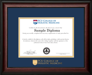 Satin mahogany wooden diploma frame with double matting and gold embossed logo